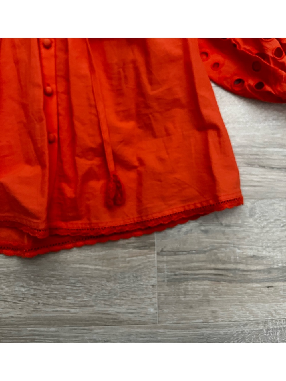 Anthropologie Women’s Chantal Orange Red Eyelet Puff-Sleeve Button Blouse Small - Picture 8 of 12
